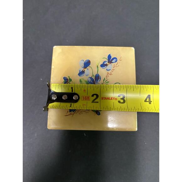 Vintage Alabaster Powder Box Vanity Item Blue Floral Stone Trinket Ring Box - Picture 8 of 9